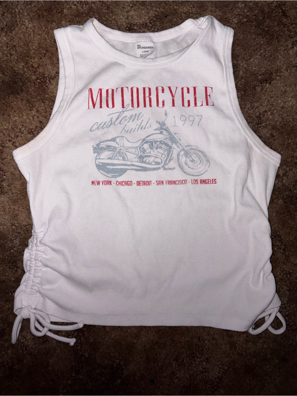 No Boundaries White Motorcycle Graphic Tank Top with Red and Gray Print